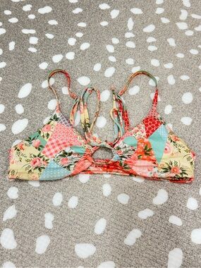 Oneone patchwork bikini top triangle o-ring tie front floral gingham